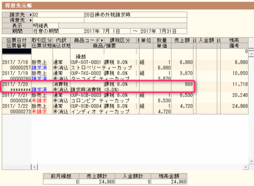 弥生販売の得意先元帳（外税請求時）